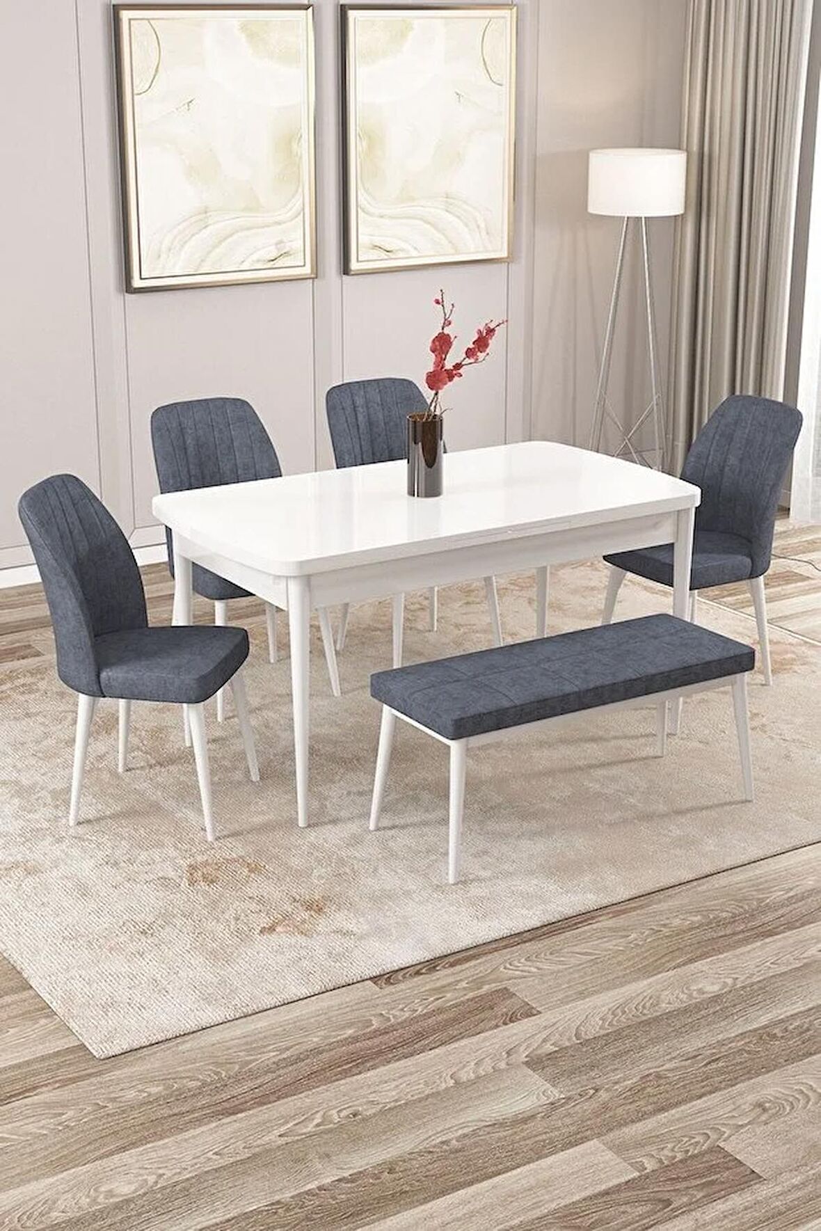 Rovena Zeta Beyaz 80x132 Açılabilir Mdf Yemek Odası Takımı 4 Adet Sandalye + 1 Bench