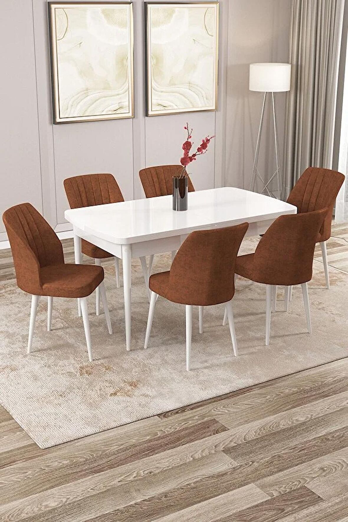 Rovena Zeta Beyaz 80x132 Açılabilir Mdf Yemek Odası Takımı 6 Adet Sandalye