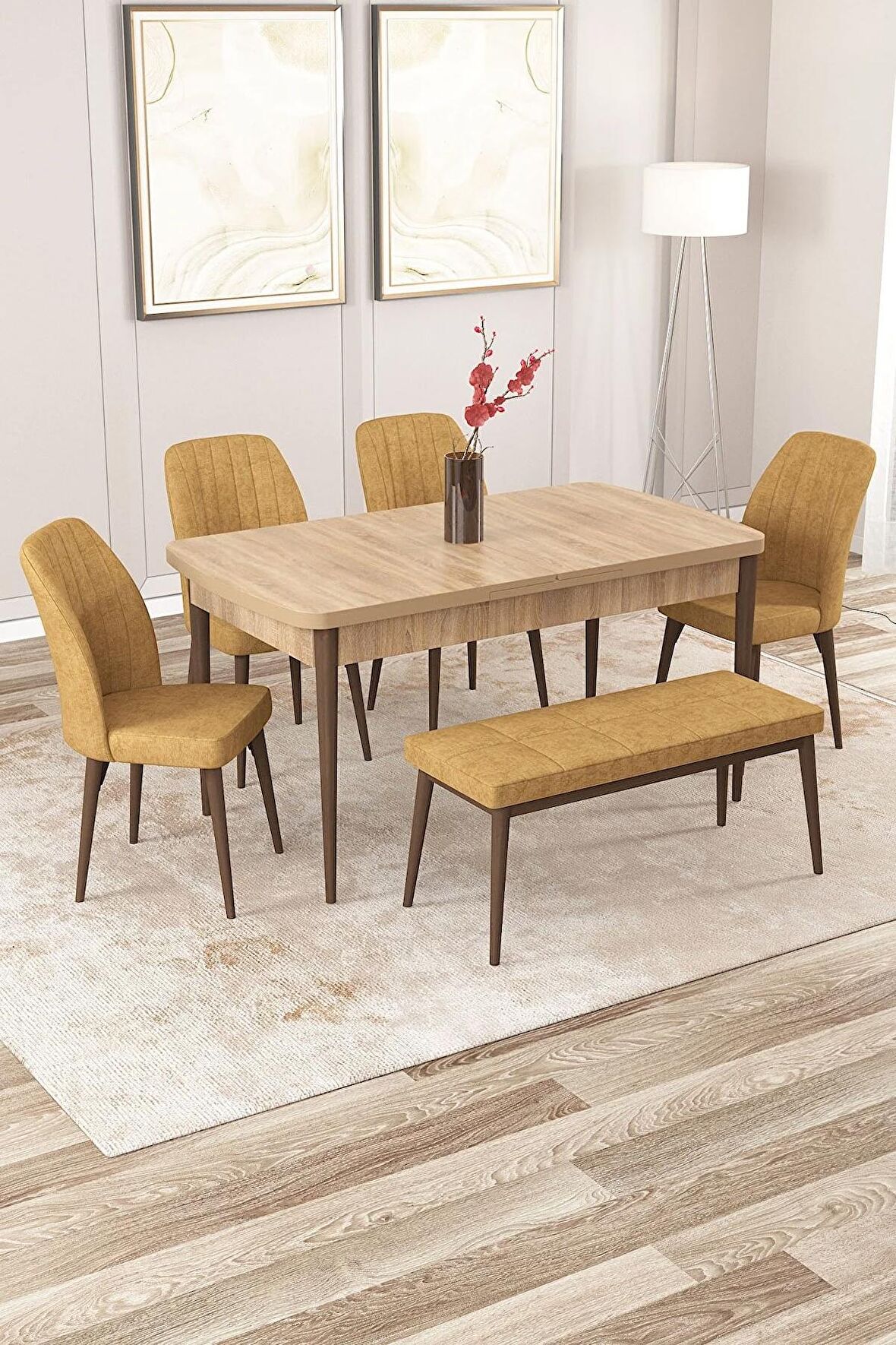 Rovena Zeta Meşe 80x132 Açılabilir Mdf Yemek Odası Takımı 4 Adet Sandalye + 1 Bench