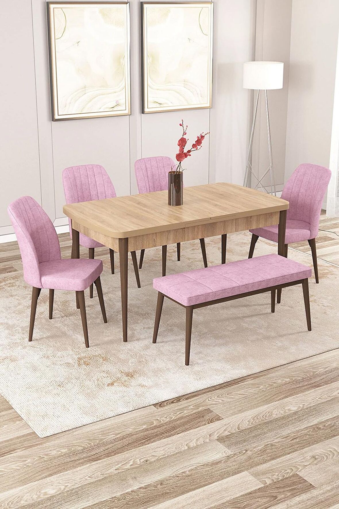 Rovena Zeta Meşe 80x132 Açılabilir Mdf Yemek Odası Takımı 4 Adet Sandalye + 1 Bench