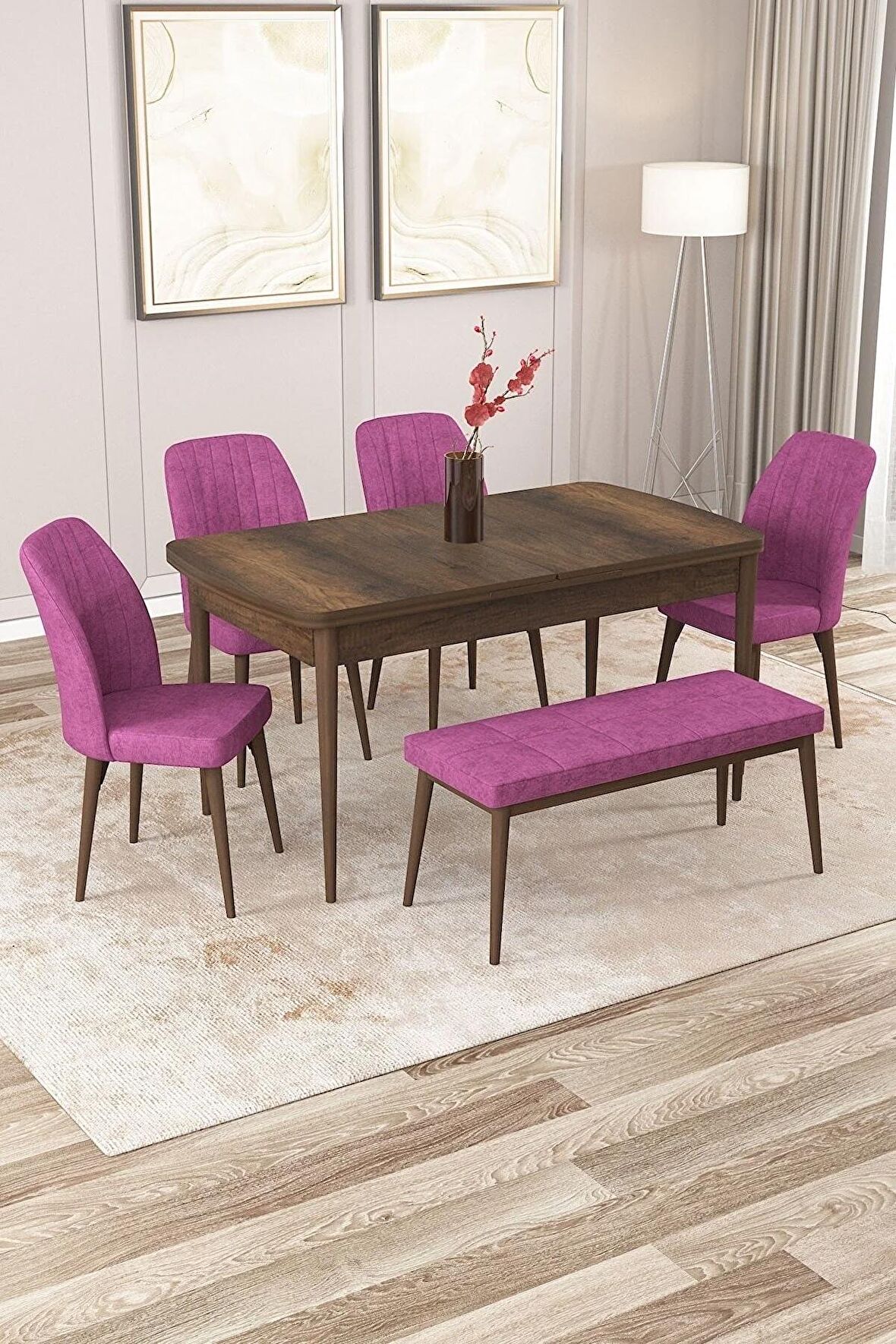 Rovena Zeta Barok 80x132 Açılabilir Mdf Yemek Odası Takımı 4 Adet Sandalye + 1 Bench