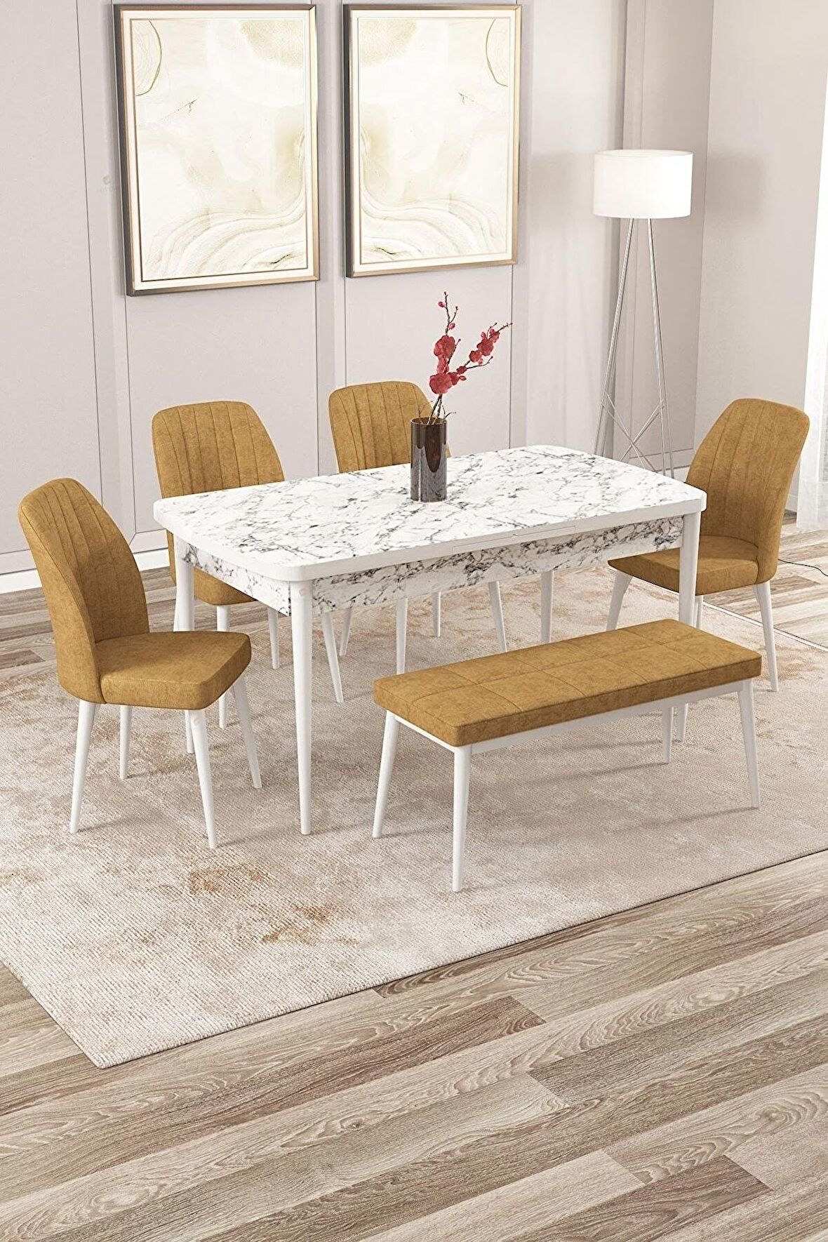 Rovena Zeta Beyaz Mermer 80x132 Açılabilir Mdf Yemek Odası Takımı 4 Adet Sandalye + 1 Bench