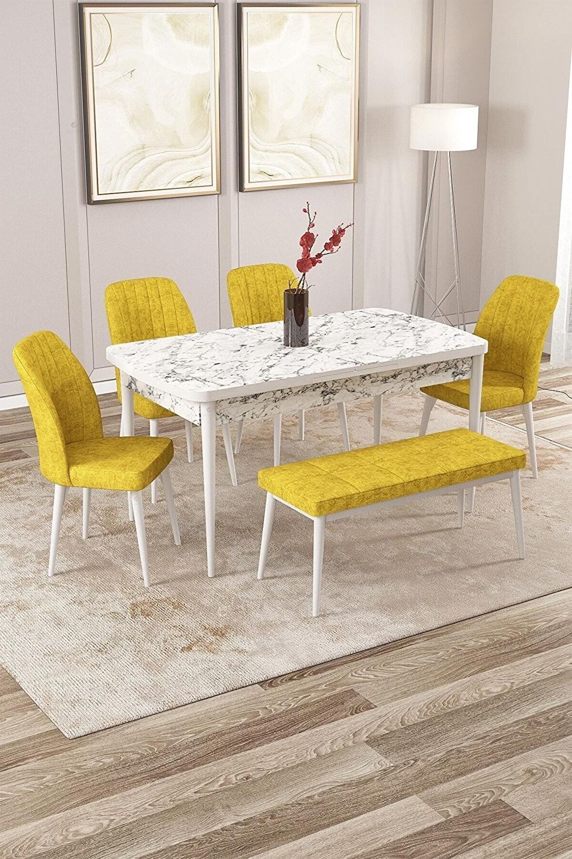 Rovena Zeta Beyaz Mermer 80x132 Açılabilir Mdf Yemek Odası Takımı 4 Adet Sandalye + 1 Bench