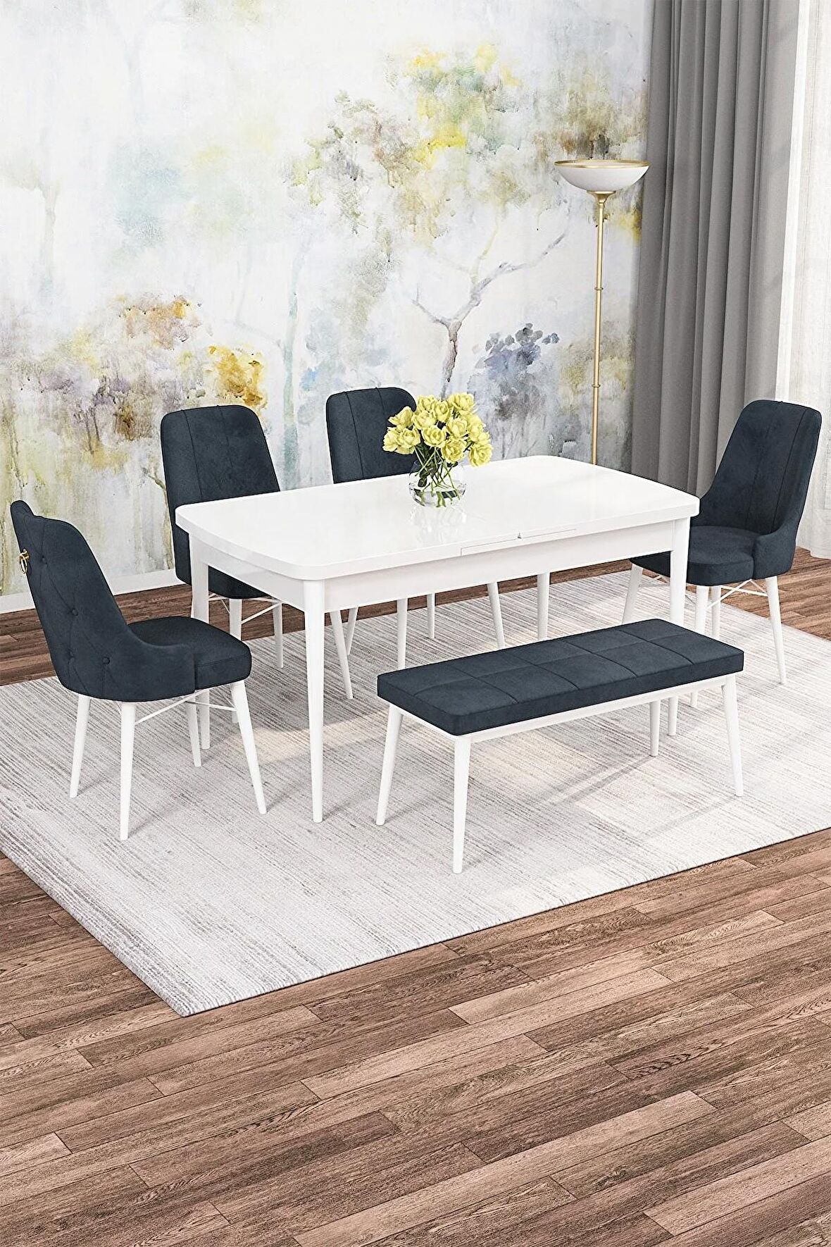 Rovena Mona Beyaz 80x132 Açılabilir Mdf Mutfak Masası Takımı 4 Adet Sandalye+1 Bench