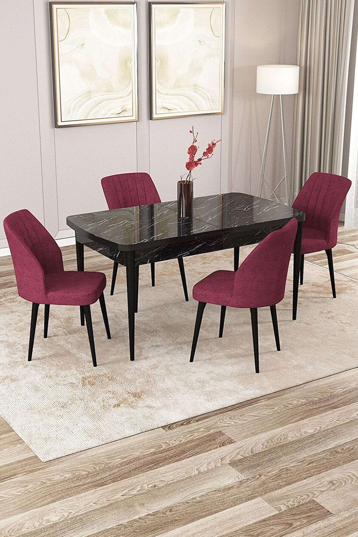 Rovena Zeta Siyah Mermer 80x132 Açılabilir Mdf Yemek Odası Takımı 4 Adet Sandalye