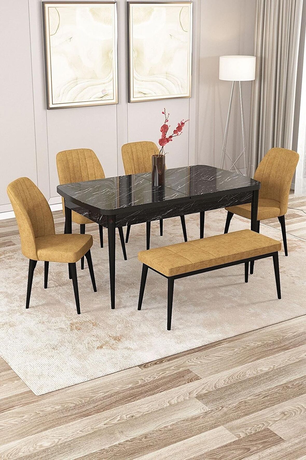 Rovena Zeta Siyah Mermer 80x132 Açılabilir Mdf Yemek Odası Takımı 4 Adet Sandalye + 1 Bench