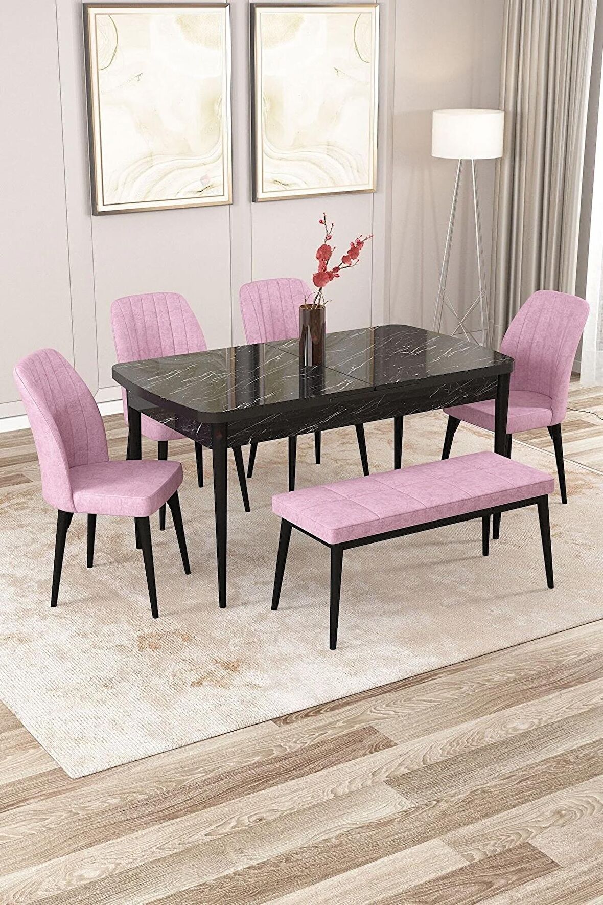 Rovena Zeta Siyah Mermer 80x132 Açılabilir Mdf Yemek Odası Takımı 4 Adet Sandalye + 1 Bench