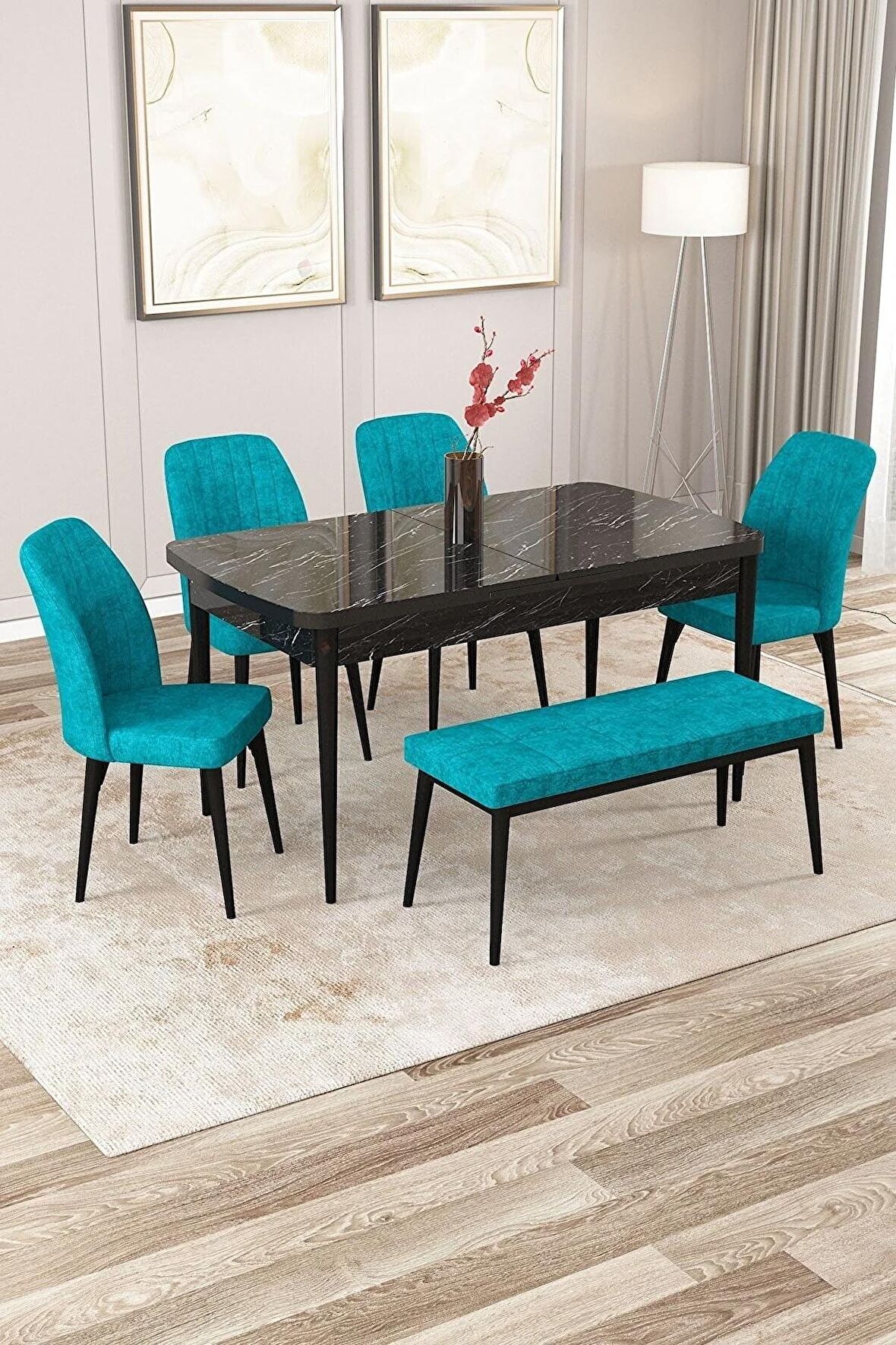 Rovena Zeta Siyah Mermer 80x132 Açılabilir Mdf Yemek Odası Takımı 4 Adet Sandalye + 1 Bench
