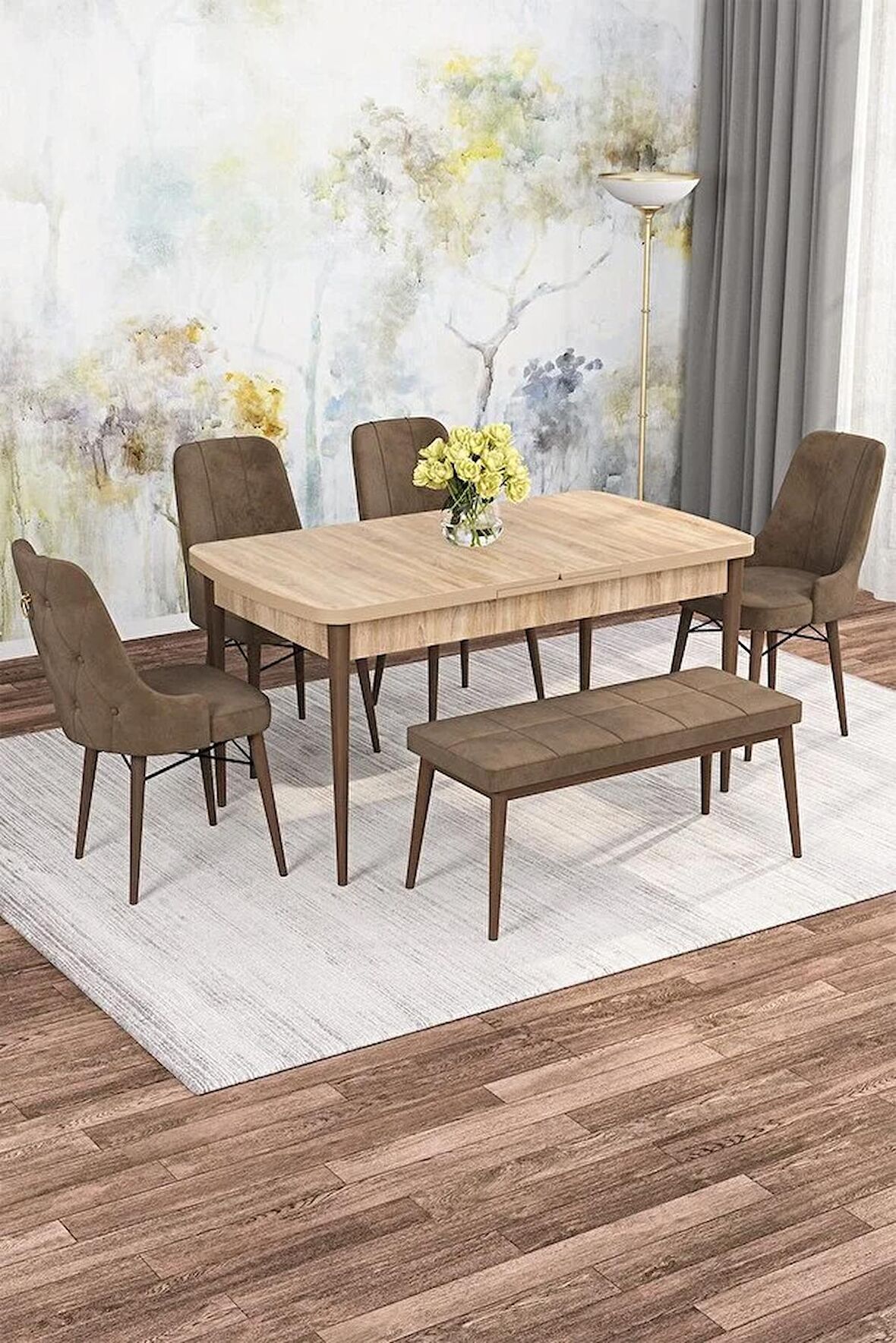 Rovena Mona Meşe 80x132 Açılabilir Mdf Mutfak Masası Takımı 4 Adet Sandalye+1 Bench