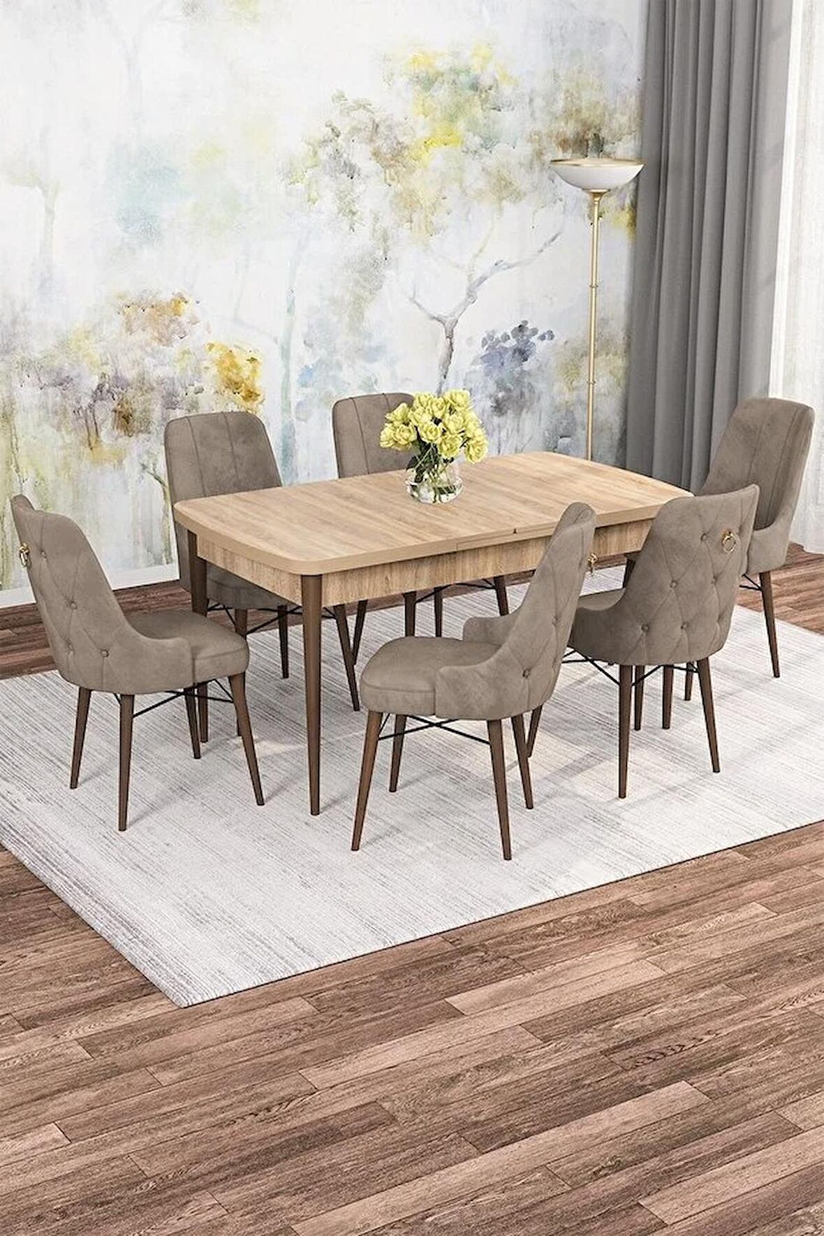 Rovena Mona Meşe 80x132 Açılabilir Mdf Mutfak Masası Takımı 6 Adet Sandalye