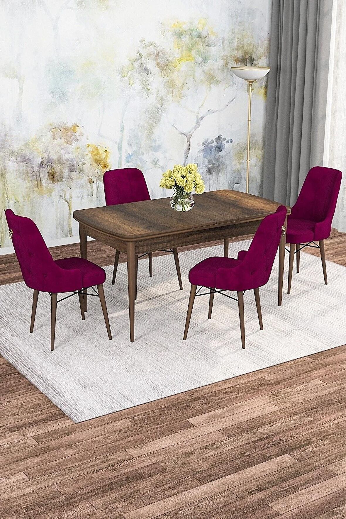 Rovena Mona Barok 80x132 Açılabilir Mdf Mutfak Masası Takımı 4 Adet Sandalye