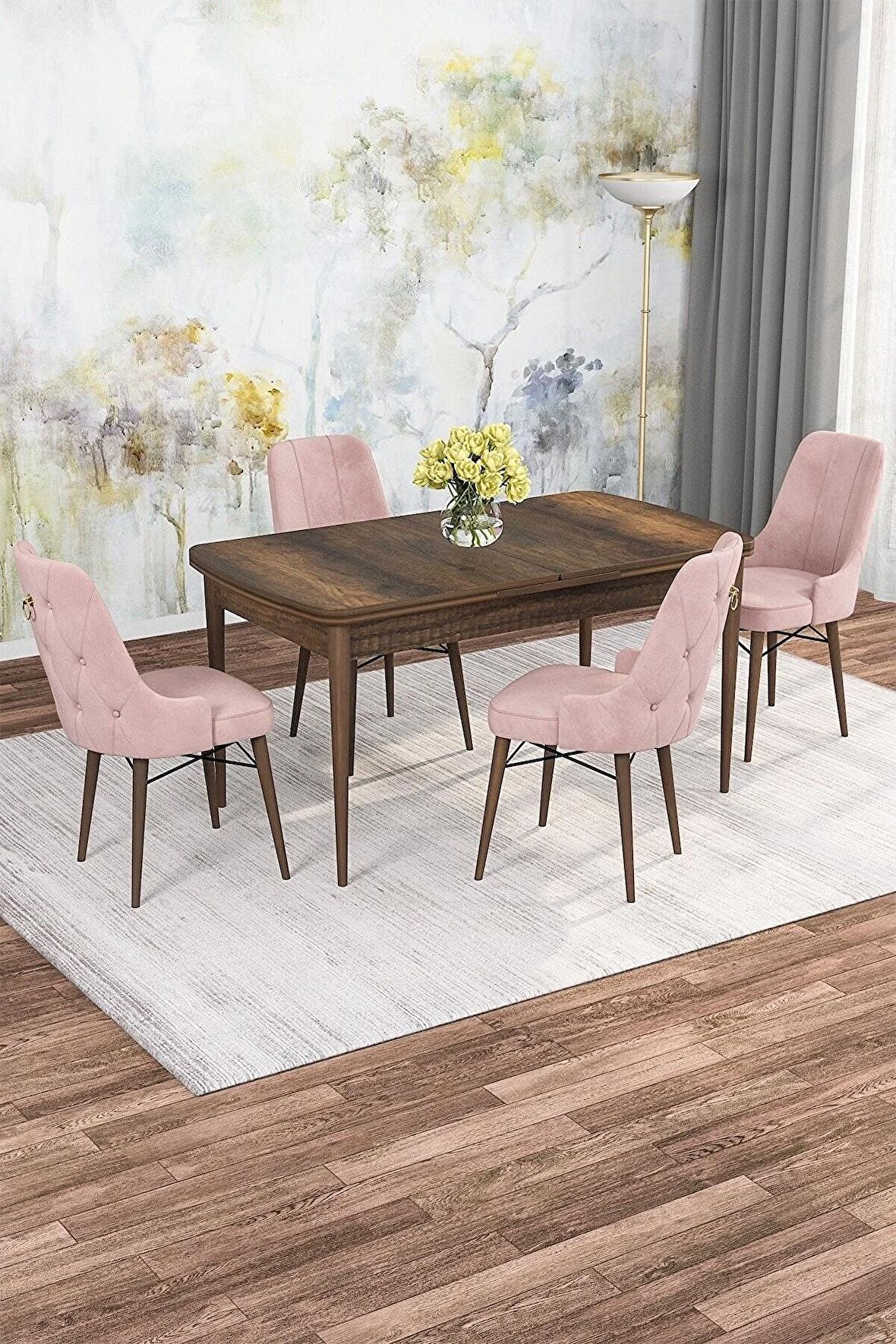 Rovena Mona Barok 80x132 Açılabilir Mdf Mutfak Masası Takımı 4 Adet Sandalye