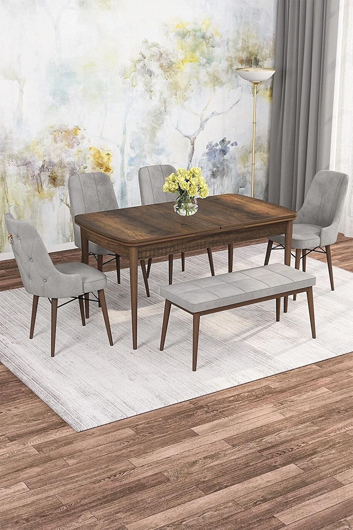 Rovena Mona Barok 80x132 Açılabilir Mdf Mutfak Masası Takımı 4 Adet Sandalye+1 Bench