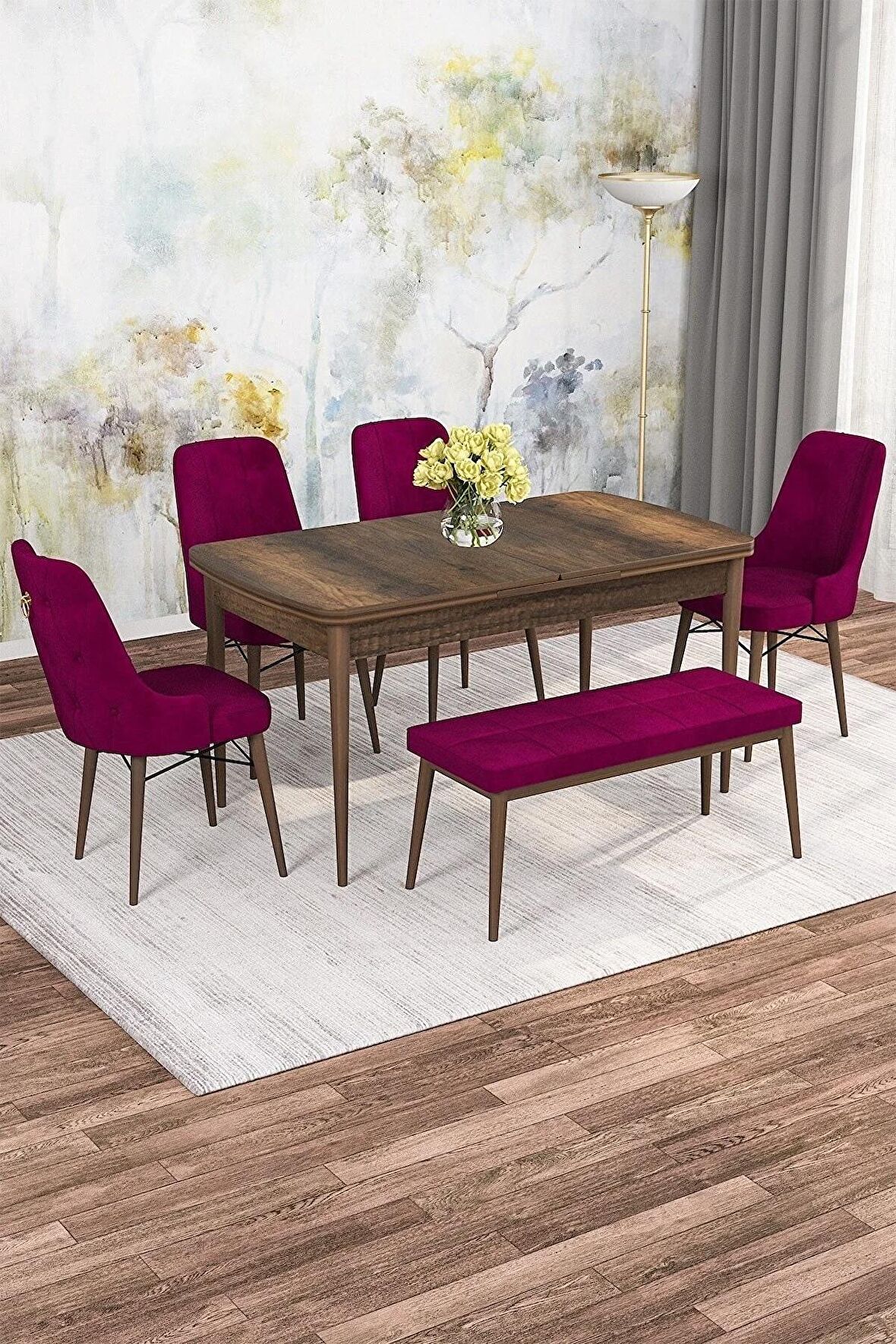 Rovena Mona Barok 80x132 Açılabilir Mdf Mutfak Masası Takımı 4 Adet Sandalye+1 Bench