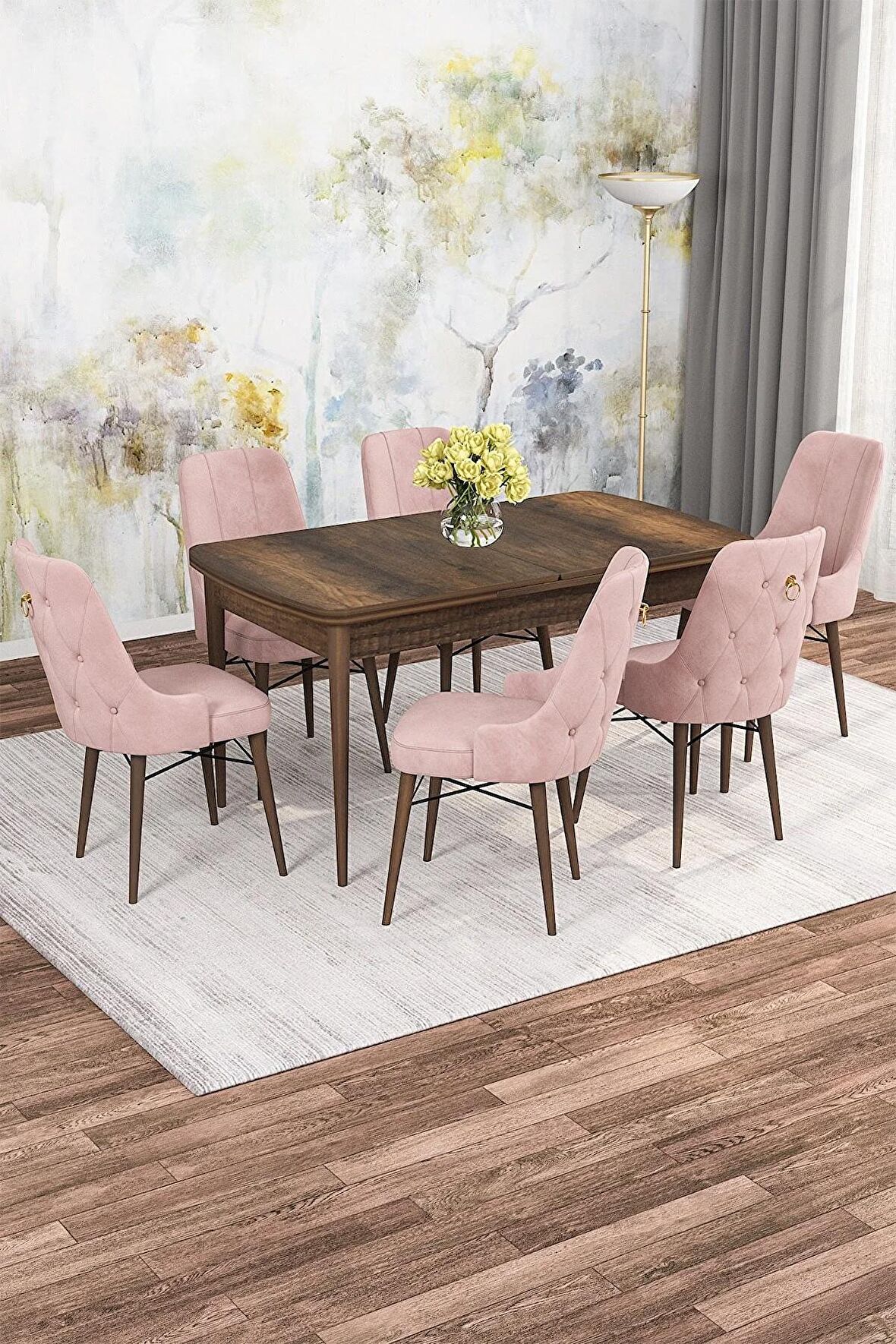 Rovena Mona Barok 80x132 Açılabilir Mdf Mutfak Masası Takımı 6 Adet Sandalye