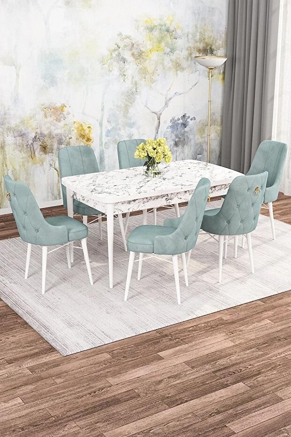 Rovena Mona Beyaz Mermer 80x132 Açılabilir Mdf Mutfak Masası Takımı 6 Adet Sandalye