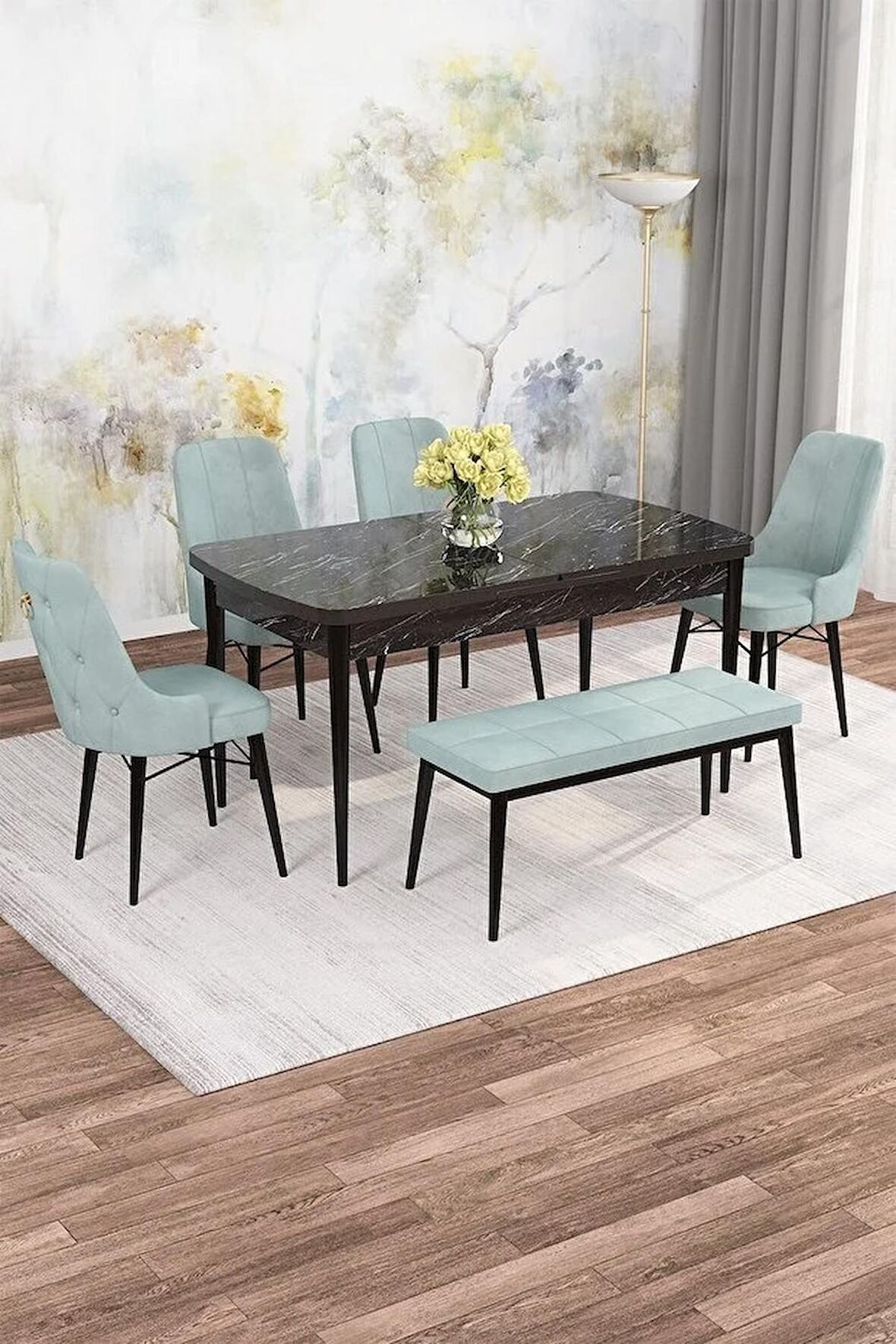 Rovena Mona Siyah Mermer 80x132 Açılabilir Mdf Mutfak Masası Takımı 4 Adet Sandalye+1 Bench