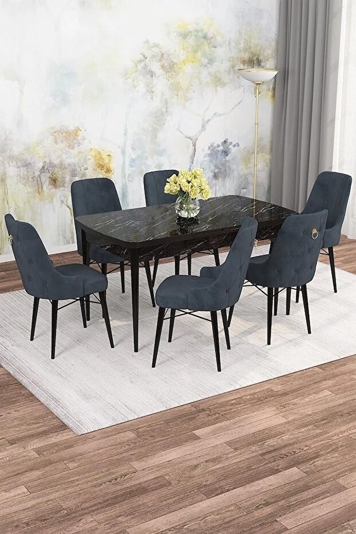 Rovena Mona Siyah Mermer 80x132 Açılabilir Mdf Mutfak Masası Takımı 6 Adet Sandalye