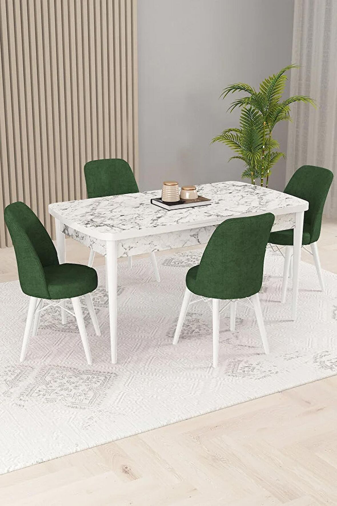 Rovena Kaf Beyaz Mermer 80x132 Açılabilir Suntalam Yemek Odası Takımı 4 Adet Sandalye