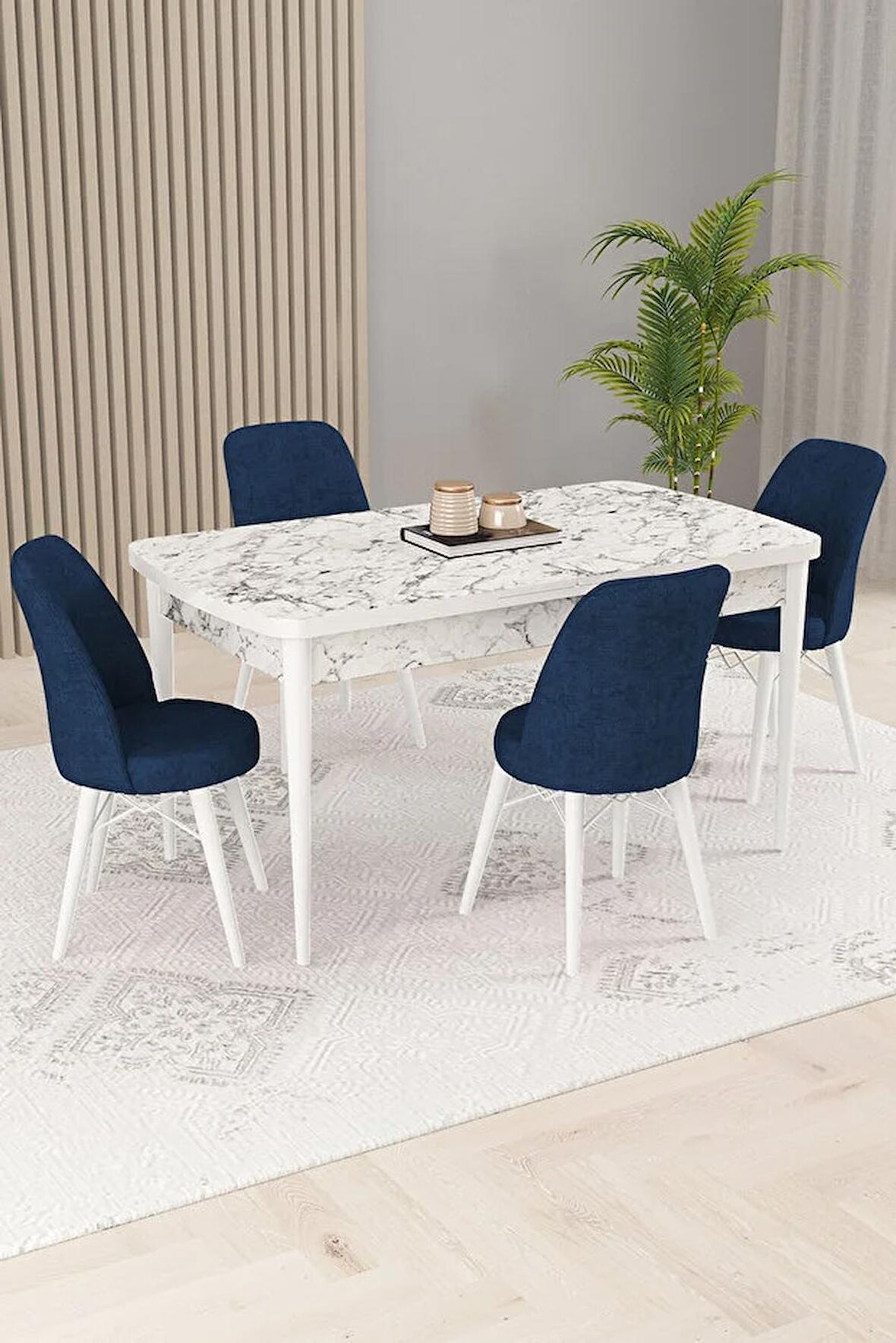 Rovena Kaf Beyaz Mermer 80x132 Açılabilir Suntalam Yemek Odası Takımı 4 Adet Sandalye
