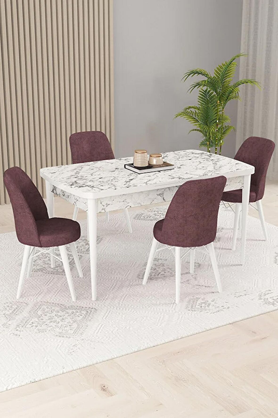 Rovena Kaf Beyaz Mermer 80x132 Açılabilir Suntalam Yemek Odası Takımı 4 Adet Sandalye