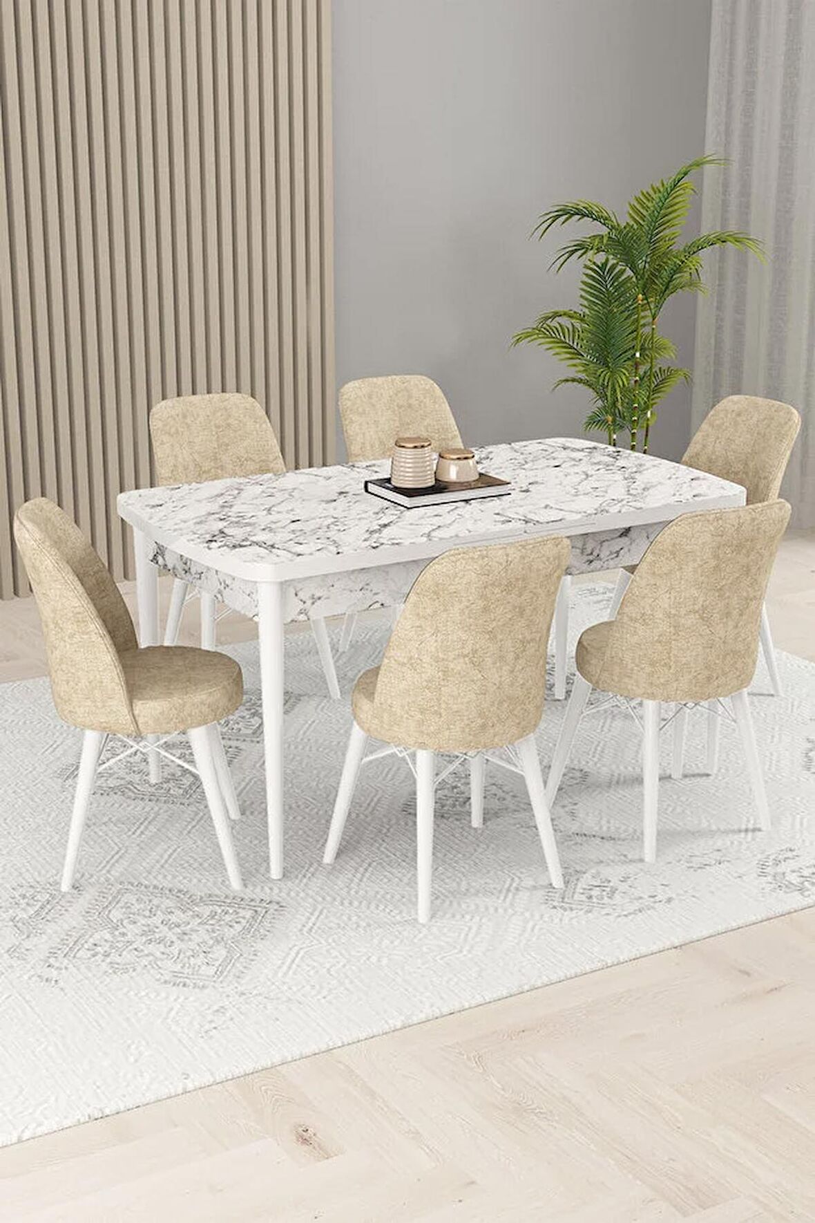 Rovena Kaf Beyaz Mermer 80x132 Açılabilir Suntalam Yemek Odası Takımı 6 Adet Sandalye