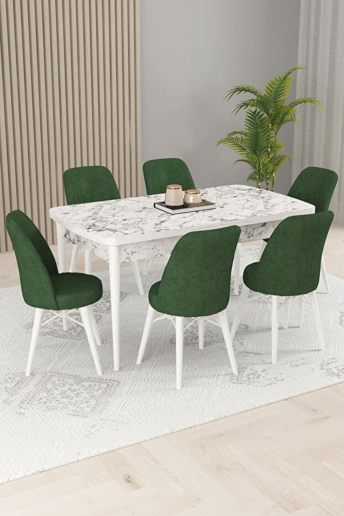 Rovena Kaf Beyaz Mermer 80x132 Açılabilir Suntalam Yemek Odası Takımı 6 Adet Sandalye
