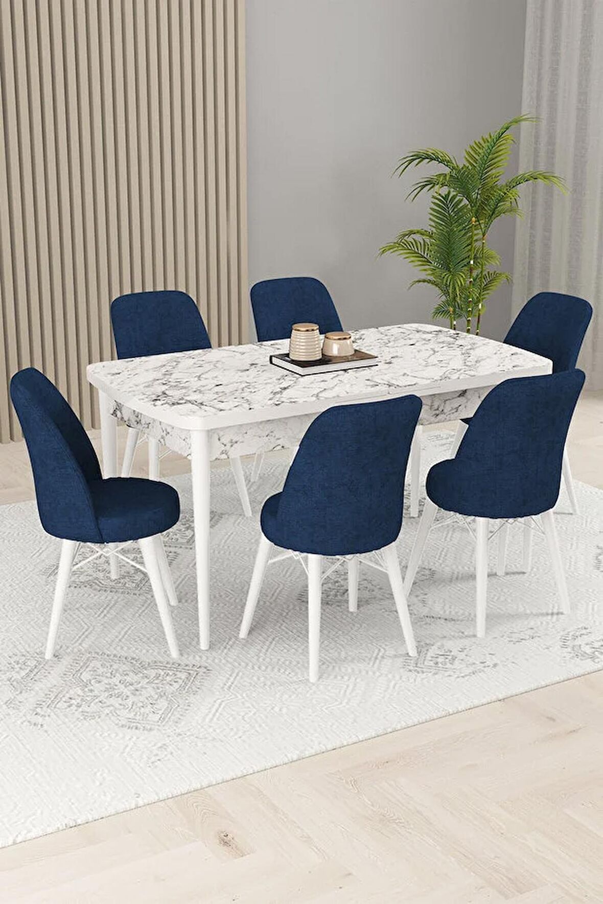 Rovena Kaf Beyaz Mermer 80x132 Açılabilir Suntalam Yemek Odası Takımı 6 Adet Sandalye