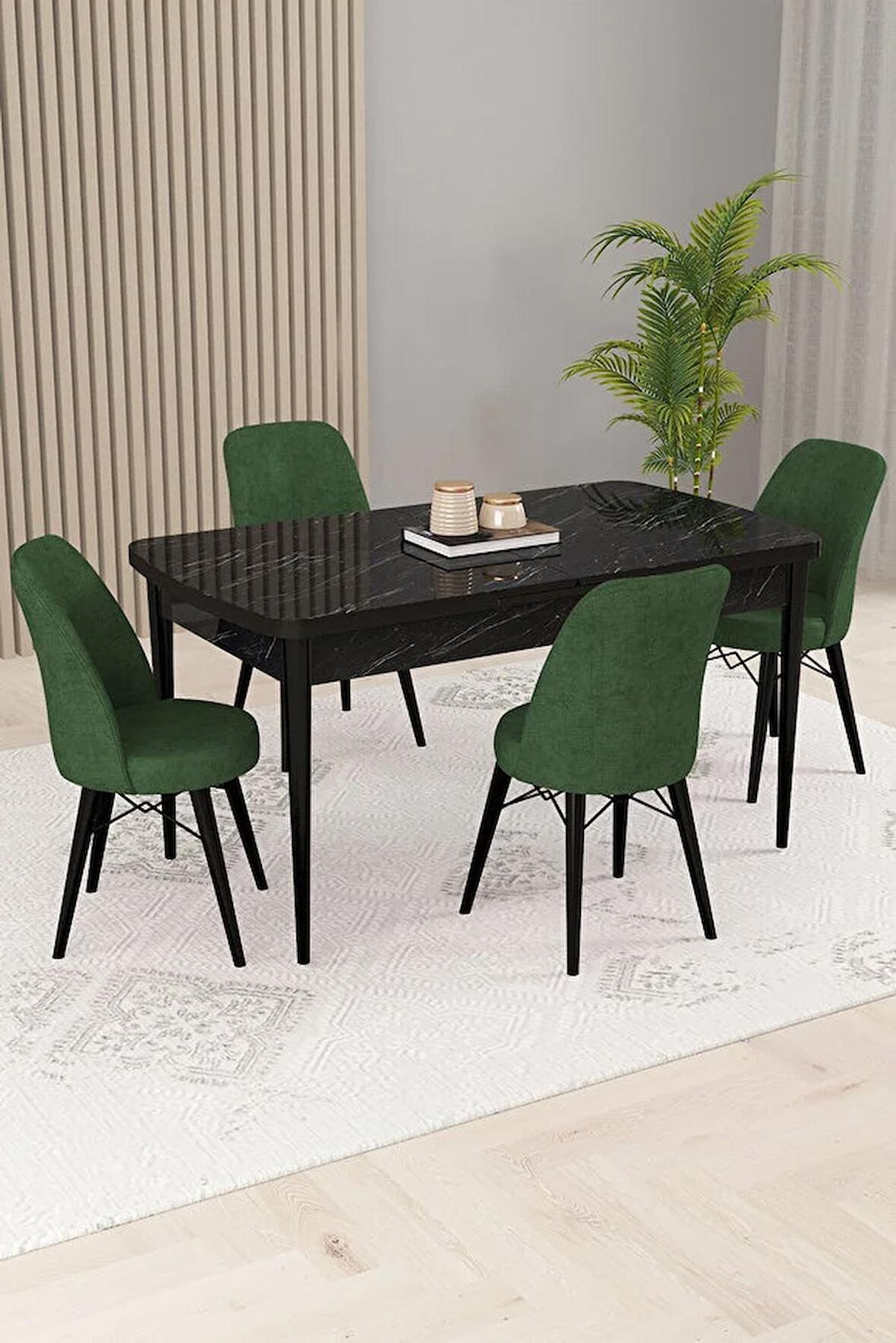 Rovena Kaf Siyah Mermer 80x132 Açılabilir Suntalam Yemek Odası Takımı 4 Adet Sandalye