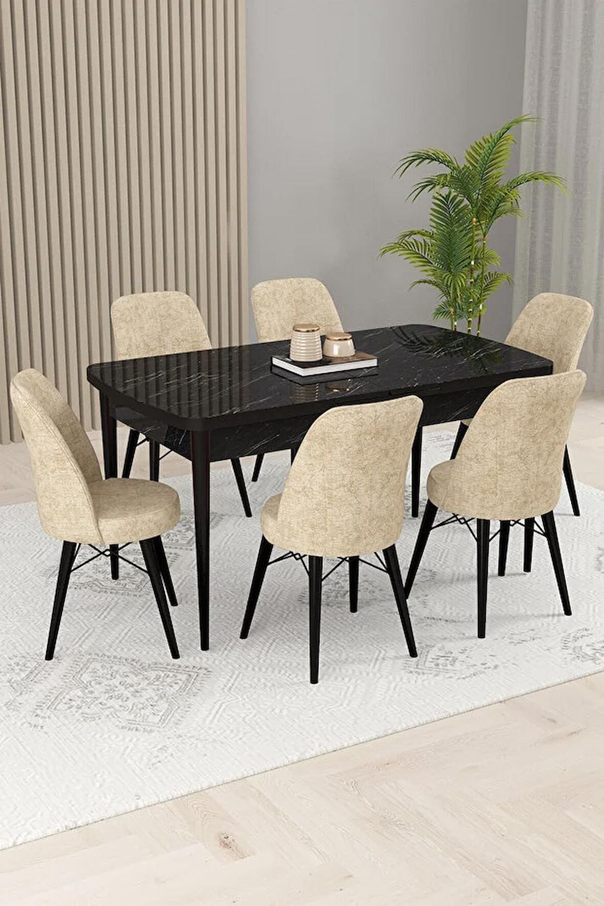 Rovena Kaf Siyah Mermer 80x132 Açılabilir Suntalam Yemek Odası Takımı 6 Adet Sandalye
