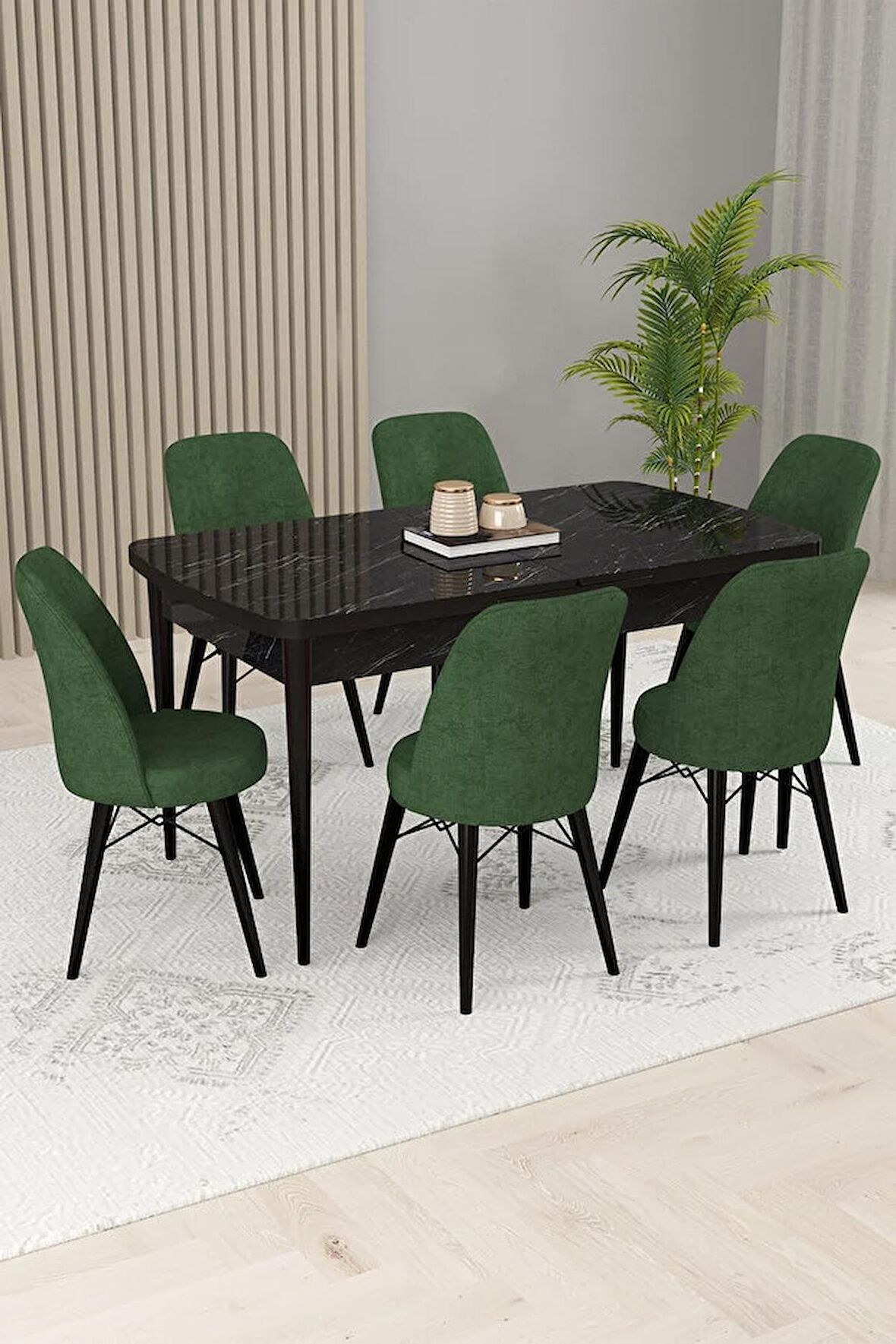 Rovena Kaf Siyah Mermer 80x132 Açılabilir Suntalam Yemek Odası Takımı 6 Adet Sandalye
