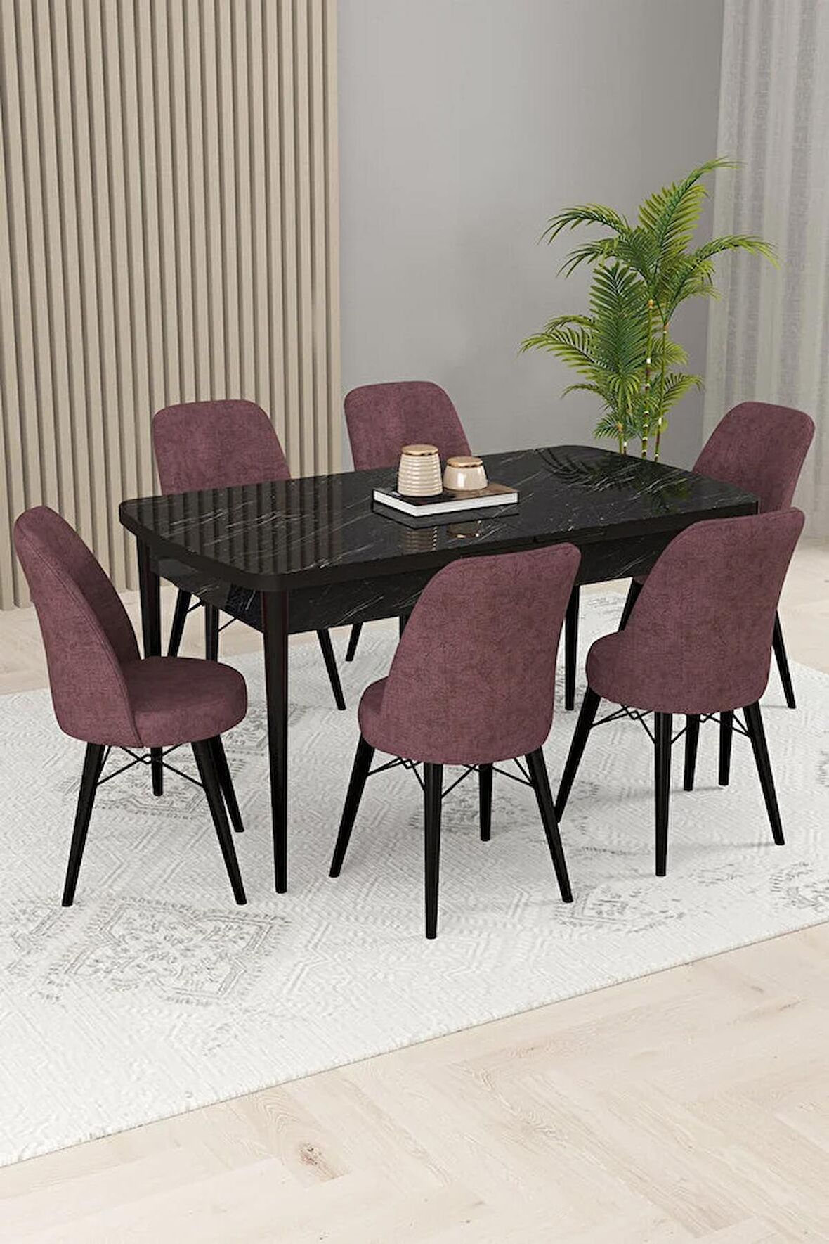 Rovena Kaf Siyah Mermer 80x132 Açılabilir Suntalam Yemek Odası Takımı 6 Adet Sandalye