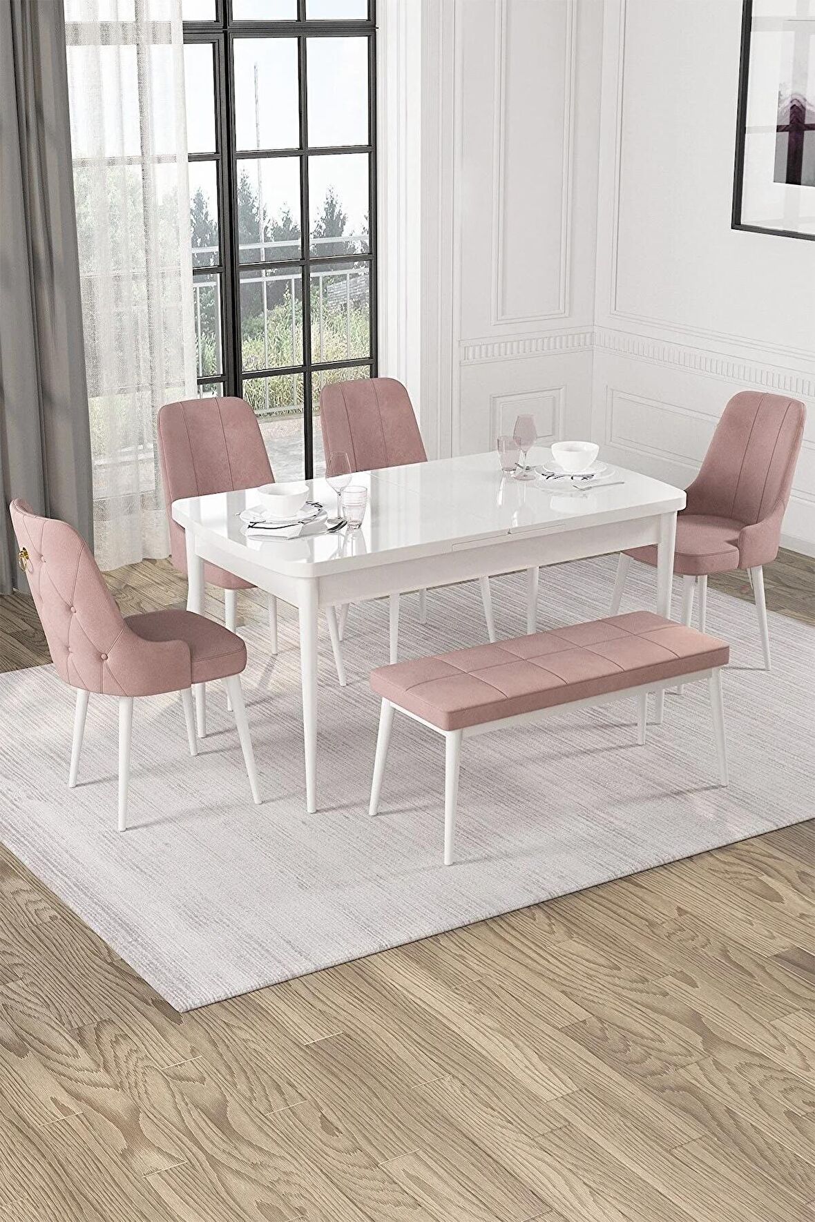 Rovena Mateo Beyaz 80x132 Açılabilir Suntalam Yemek Odası Takımı 4 Adet Sandalye+1 Bench