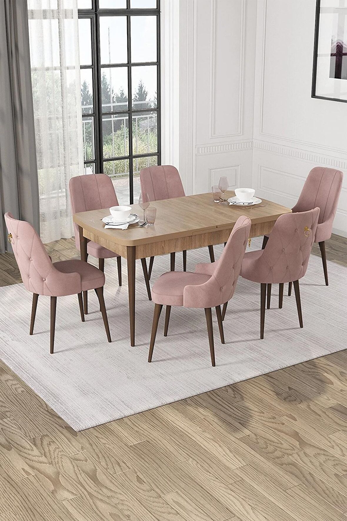 Rovena Mateo Meşe 80x132 Açılabilir Suntalam Yemek Odası Takımı 6 Adet Sandalye