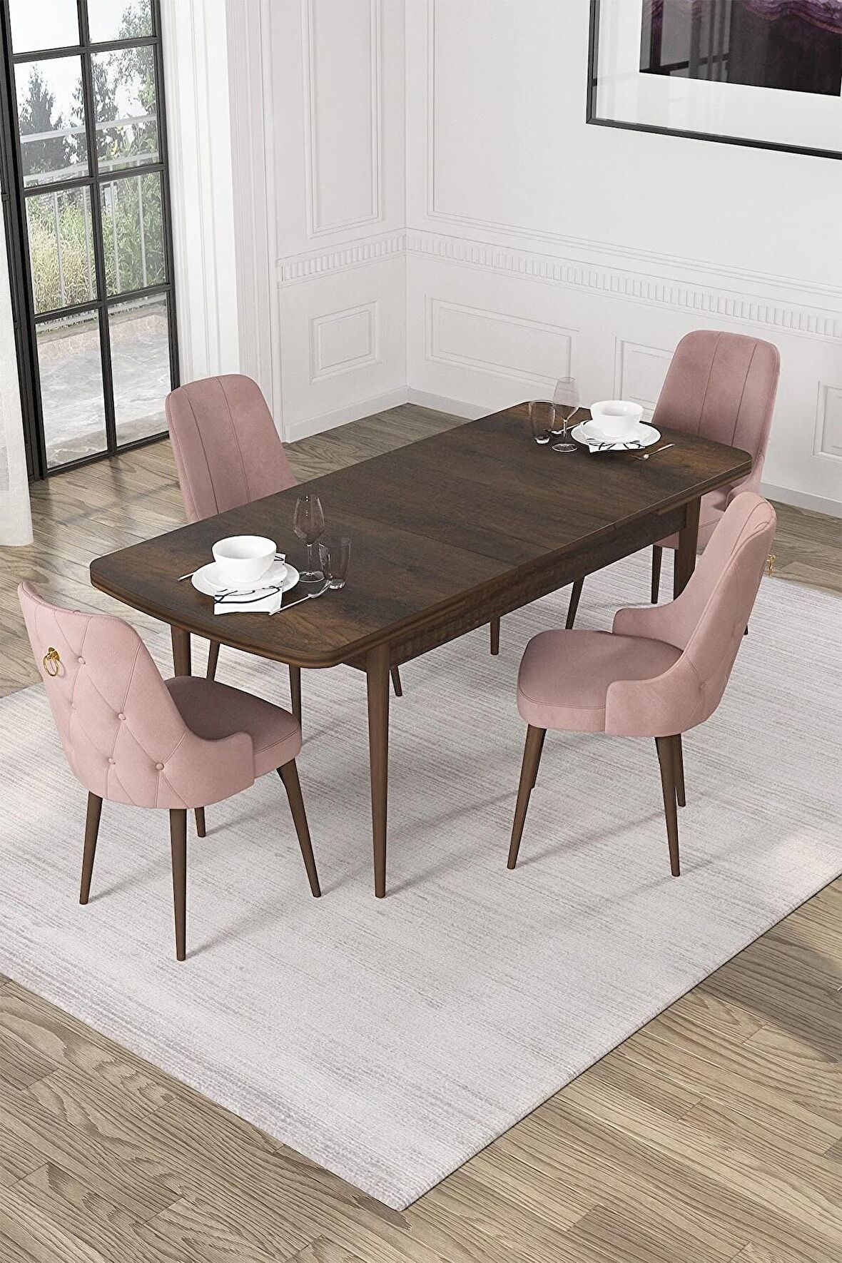 Rovena Mateo Barok 80x132 Açılabilir Suntalam Yemek Odası Takımı 4 Adet Sandalye