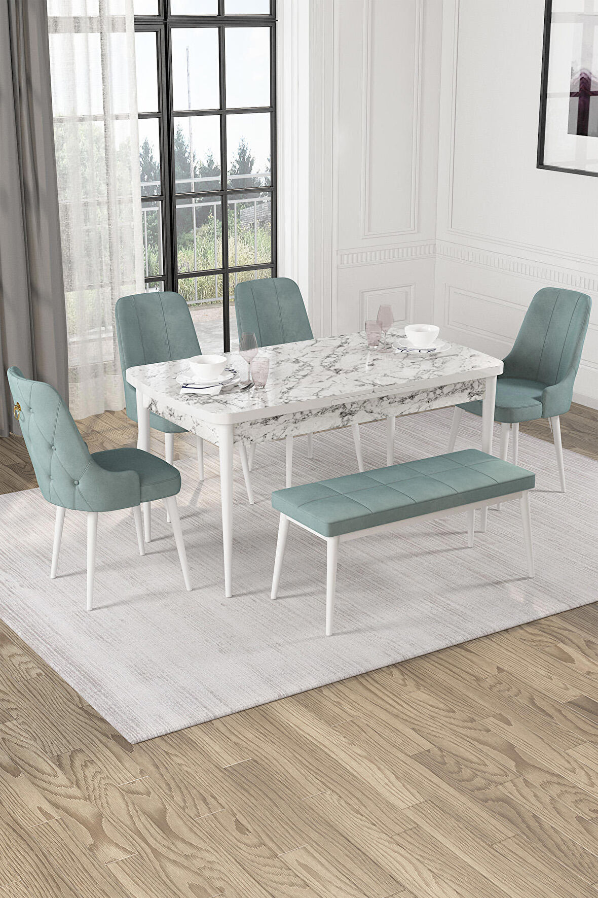 Rovena Mateo Beyaz Mermer 80x132 Açılabilir Suntalam Yemek Odası Takımı 4 Adet Sandalye+1 Bench