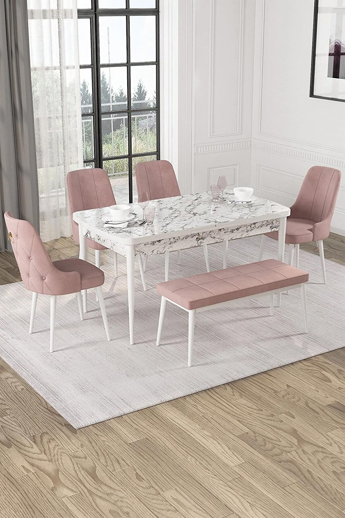 Rovena Mateo Beyaz Mermer 80x132 Açılabilir Suntalam Yemek Odası Takımı 4 Adet Sandalye+1 Bench