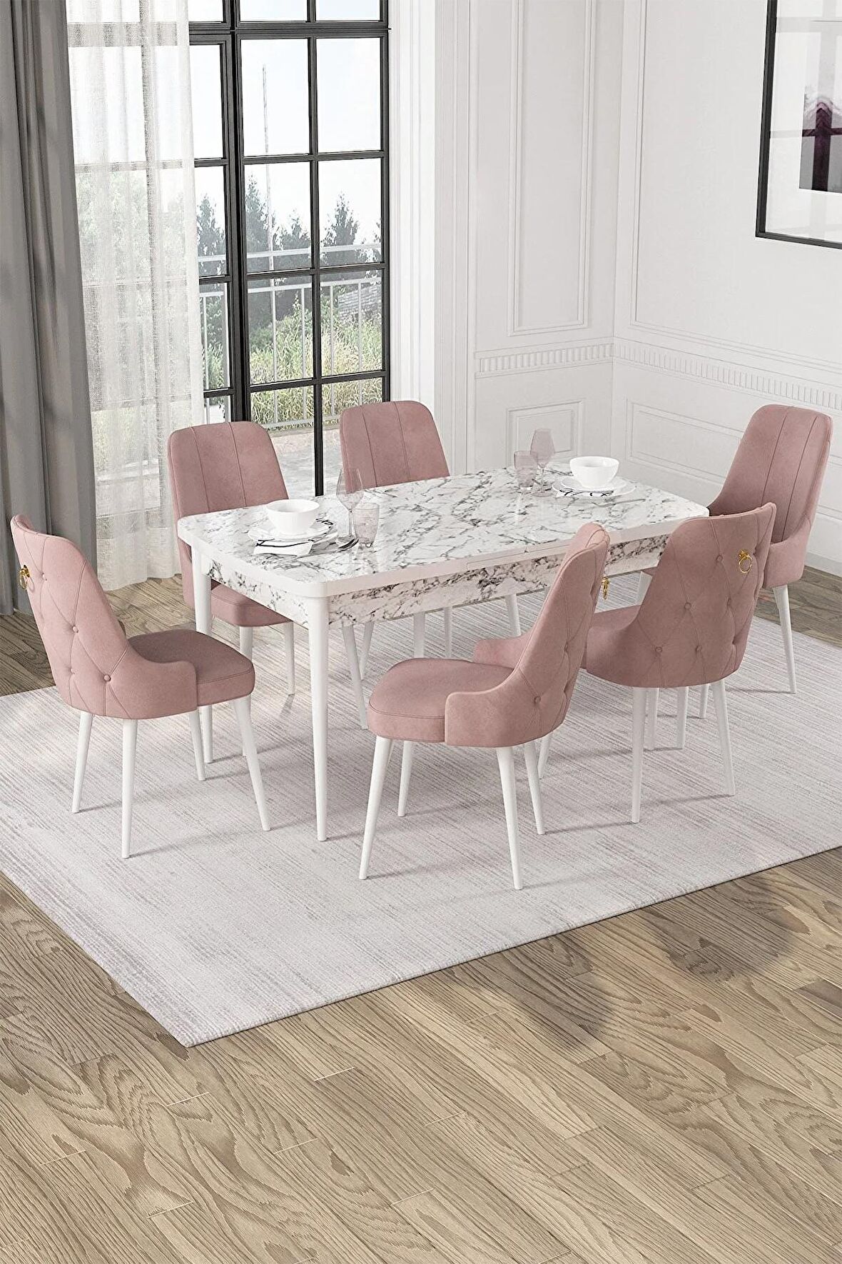 Rovena Mateo Beyaz Mermer 80x132 Açılabilir Suntalam Yemek Odası Takımı 6 Adet Sandalye