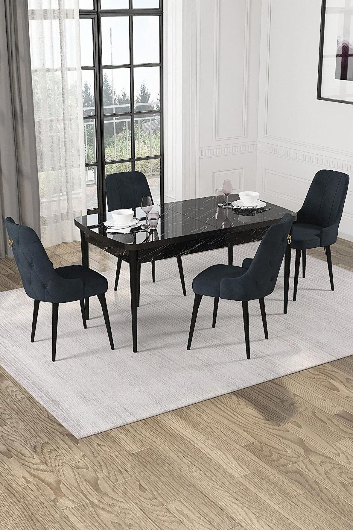 Rovena Mateo Siyah Mermer 80x132 Açılabilir Suntalam Yemek Odası Takımı 4 Adet Sandalye