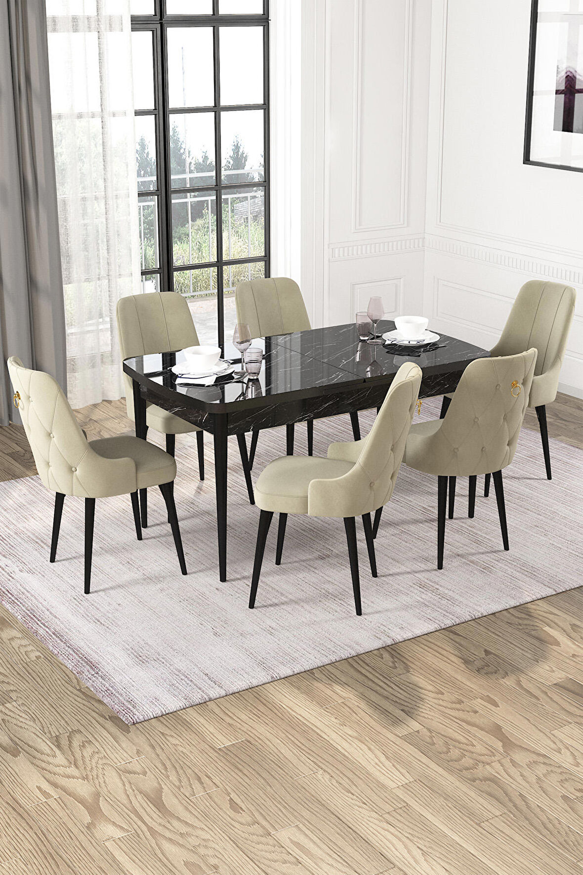 Rovena Mateo Siyah Mermer 80x132 Açılabilir Suntalam Yemek Odası Takımı 6 Adet Sandalye