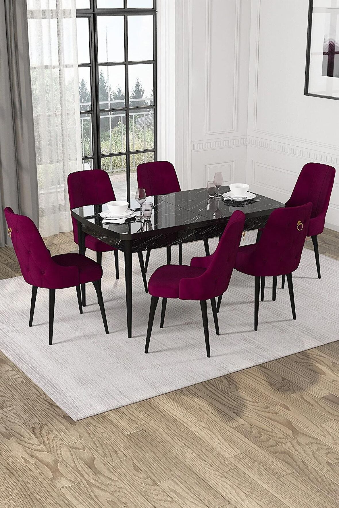 Rovena Mateo Siyah Mermer 80x132 Açılabilir Suntalam Yemek Odası Takımı 6 Adet Sandalye