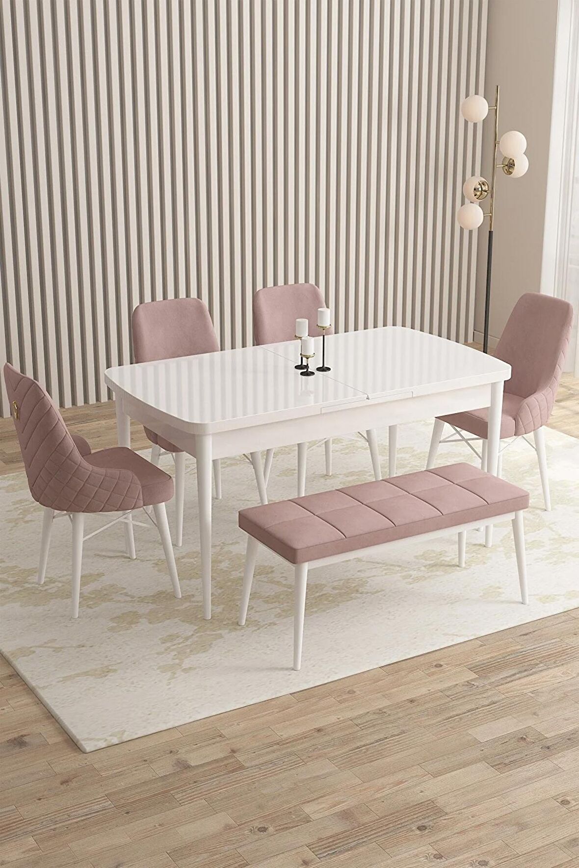 Rovena Queen Beyaz 80x132 Açılabilir Suntalam Yemek Odası Takımı 4 Adet Sandalye+1 Bench