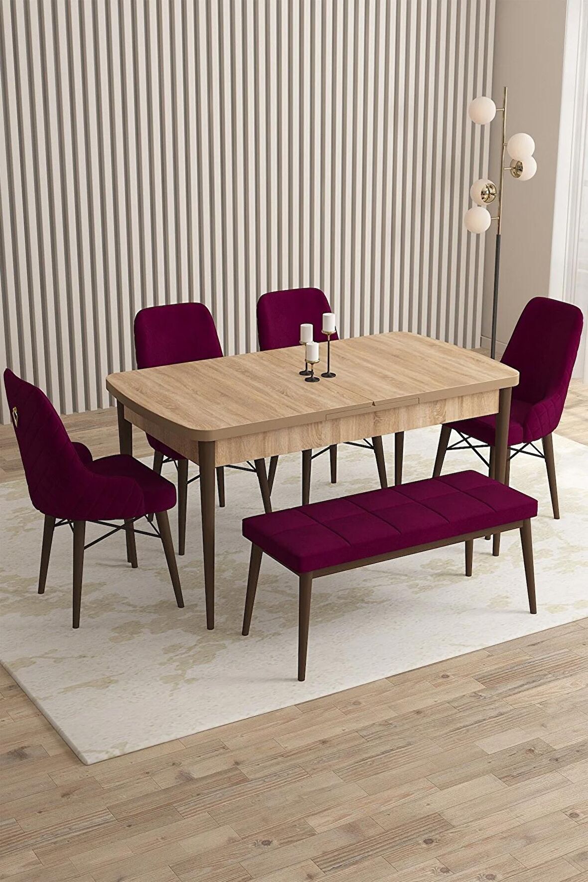 Rovena Queen Meşe 80x132 Açılabilir Suntalam Yemek Odası Takımı 4 Adet Sandalye+1 Bench
