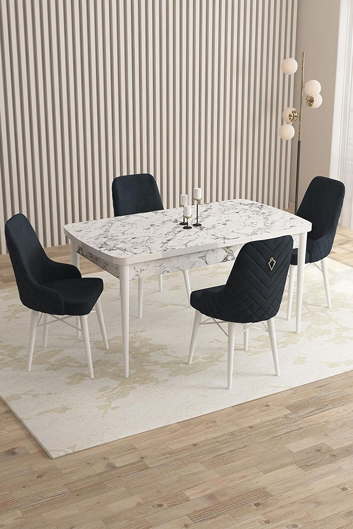 Rovena Queen Beyaz Mermer 80x132 Açılabilir Suntalam Yemek Odası Takımı 4 Adet Sandalye