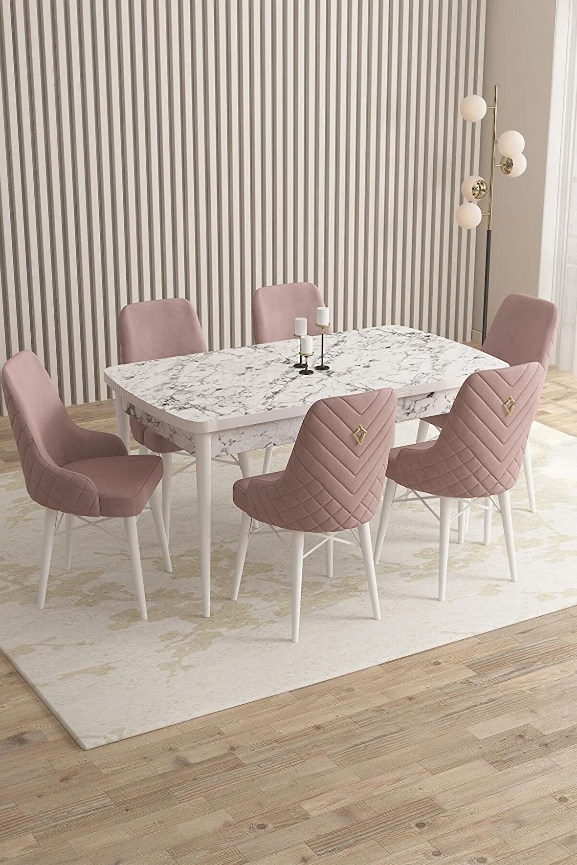 Rovena Queen Beyaz Mermer 80x132 Açılabilir Suntalam Yemek Odası Takımı 6 Adet Sandalye
