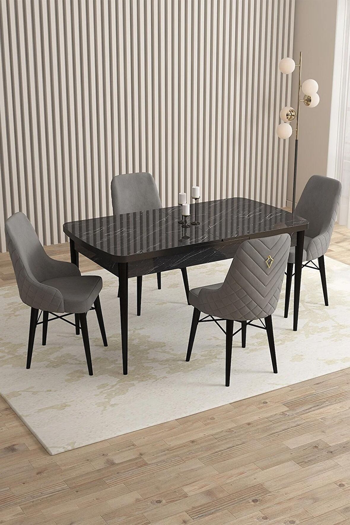 Rovena Queen Siyah Mermer 80x132 Açılabilir Suntalam Yemek Odası Takımı 4 Adet Sandalye
