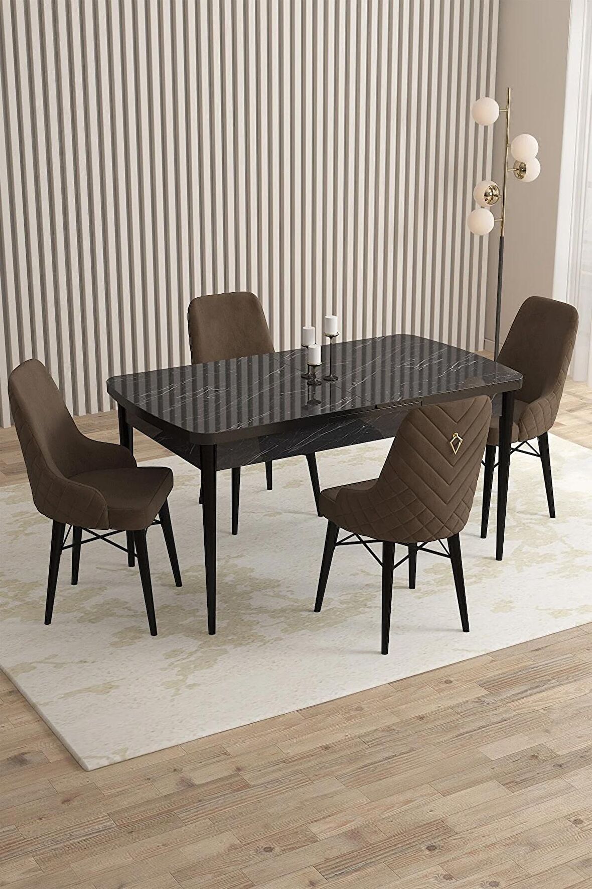 Rovena Queen Siyah Mermer 80x132 Açılabilir Suntalam Yemek Odası Takımı 4 Adet Sandalye