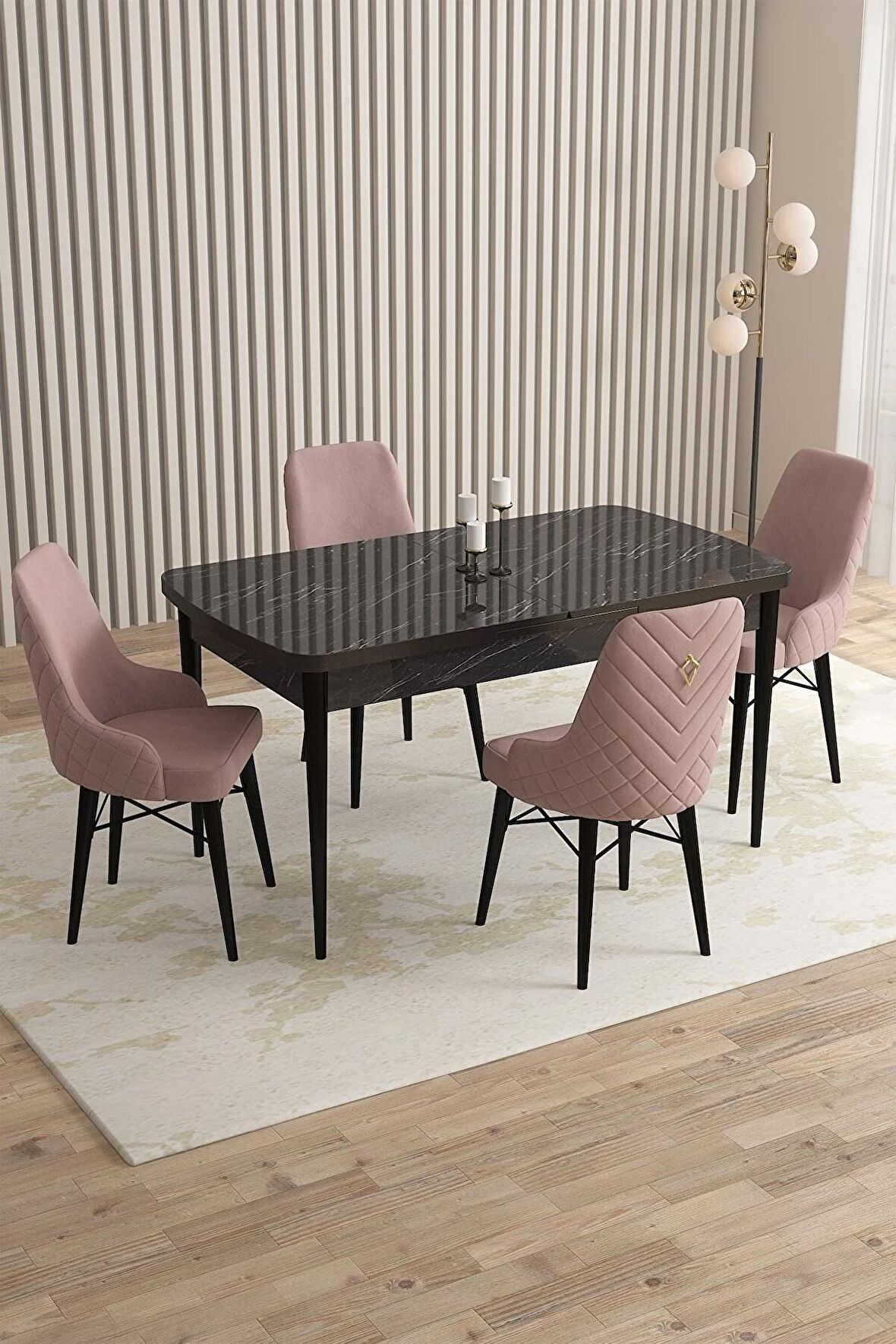 Rovena Queen Siyah Mermer 80x132 Açılabilir Suntalam Yemek Odası Takımı 4 Adet Sandalye