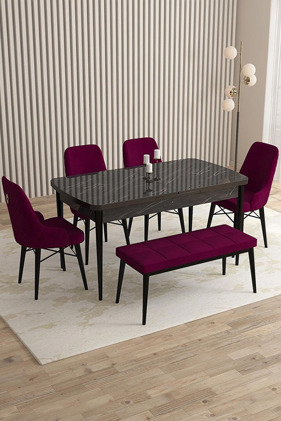 Rovena Queen Siyah Mermer 80x132 Açılabilir Suntalam Yemek Odası Takımı 4 Adet Sandalye+1 Bench