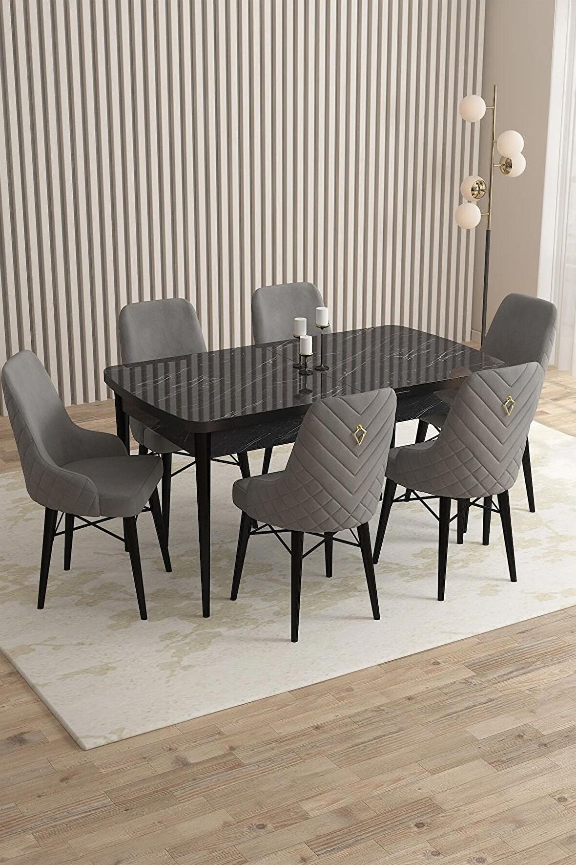 Rovena Queen Siyah Mermer 80x132 Açılabilir Suntalam Yemek Odası Takımı 6 Adet Sandalye